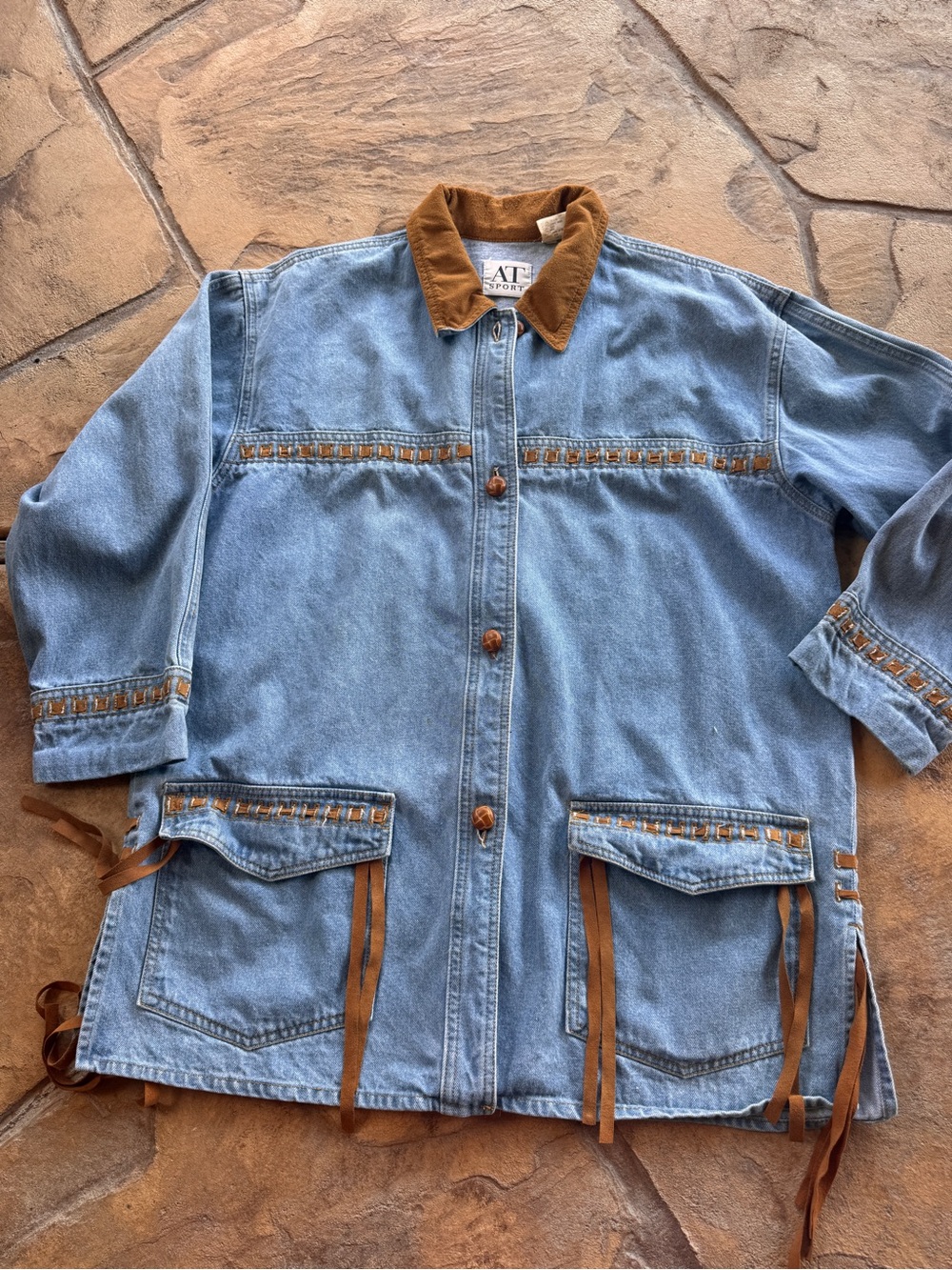 Vintage AT Sport Denim Jacket S Fringe Western Southwestern Boho Oversized - Picture 11 of 16